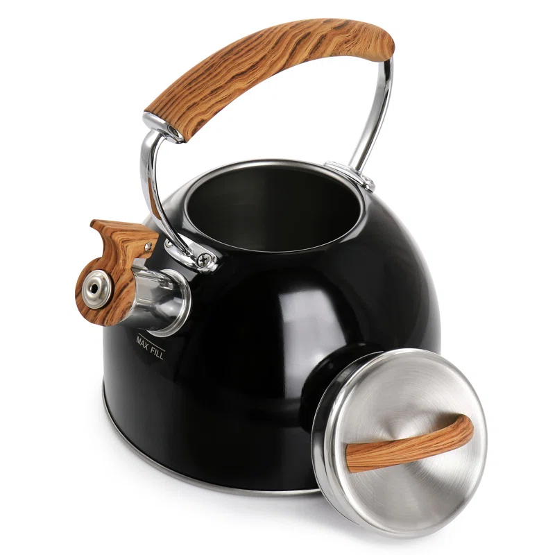 Mr. Coffee 2 Quart Stainless Steel Whistling Tea Kettle With Wood Pattern Handle In Black