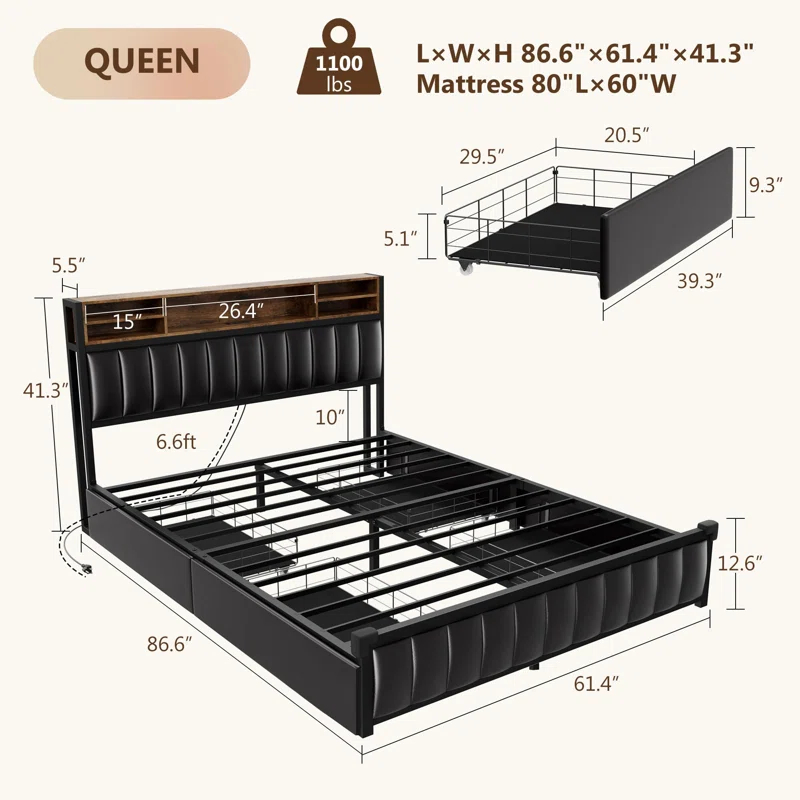 Ivy Bronx Kanchi Upholstered Metal Platform LED Bed Frame with 4 Storage Drawers and Bookcase Headboard, Black