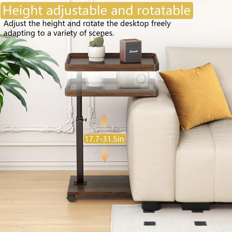 17 Stories C Table End Table Adjustable Height, 360°Swivel TV Tray Table For Small Spaces, C Shaped Side Tables With Wheels, White
