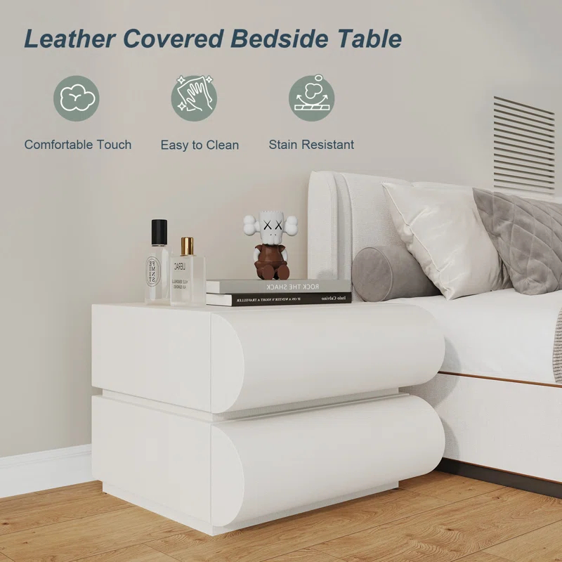 Wrought Studio™ Hasya White Nightstand with 2 Solid Wood Drawers, Leather Bedside Table for Bedroom, No Assembly Required