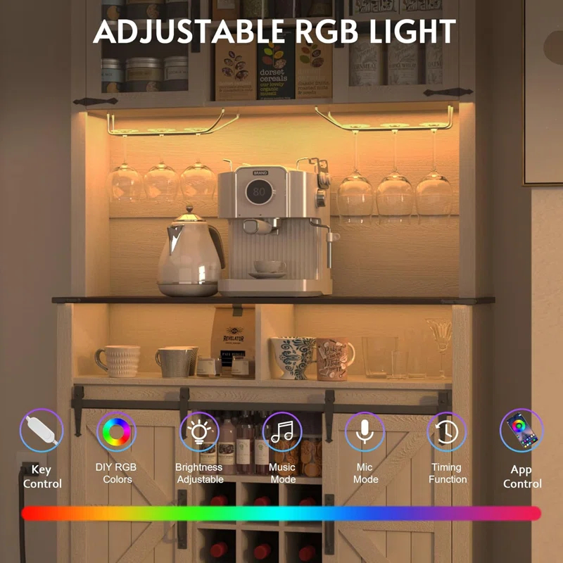 Gracie Oaks Coffee Bar Cabinet with Sliding Barn Door, Buffet Cabinet with Hutch, Kitchen Pantry Cabinet with Power Outlet & Lighting, Tall Liquor Chest for Home Dining Room, White