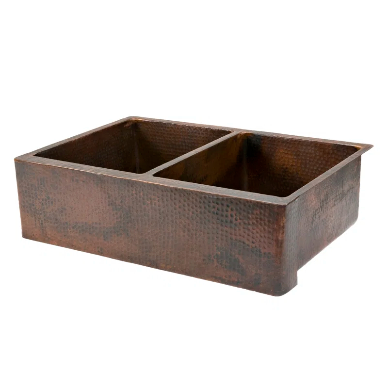Premier Copper Products KA50DB33229 33" Hammered Copper Apron Front 50/50 Double Basin Kitchen Sink