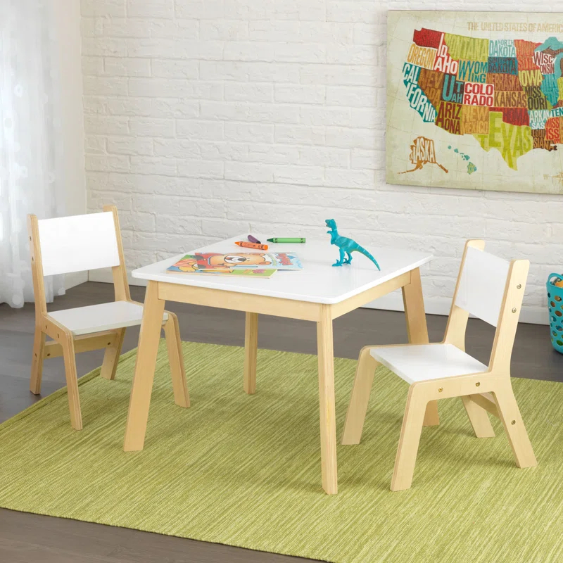 KidKraft Wooden Modern Table & 2 Chair Set, Children's Furniture, White & Natural