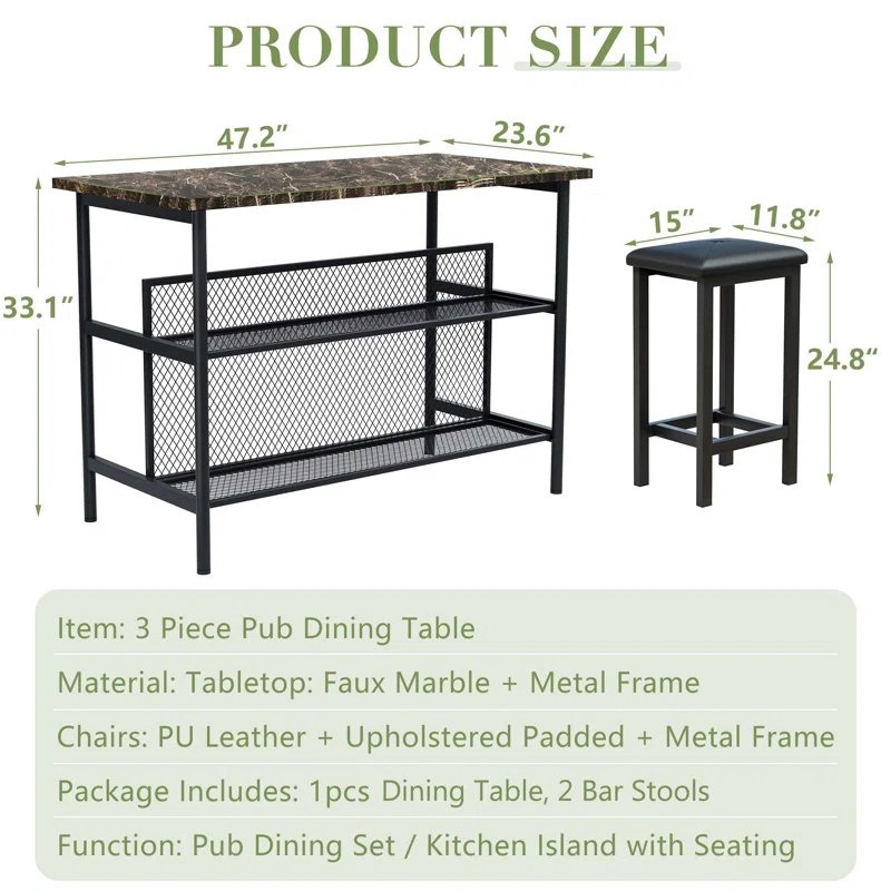 Ebern Designs Helidon 3 - Piece Trestle Dining Set w/2 Stools and 2 Open Shelves,Bar Height Table and Chairs