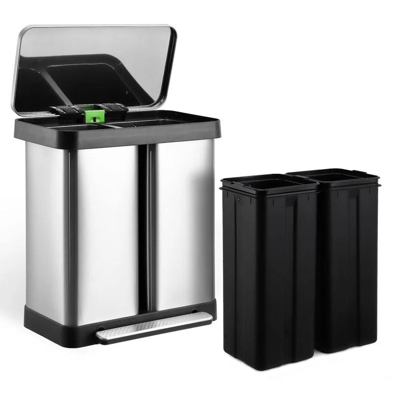 babevy 16 Gallon (30L+30L) Trash Can, Fingerprint Proof Stainless Steel Kitchen Garbage Can With Soft-Close Lid And 2 Removable Liner