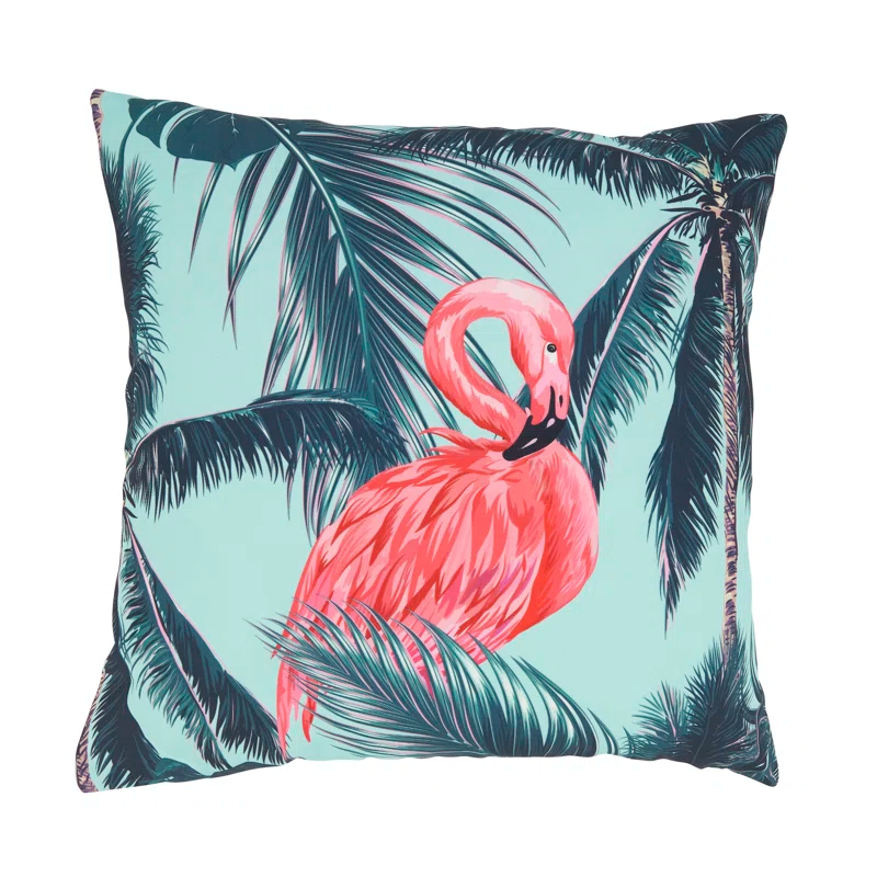 Saro Tropical Flamingo and Palm Tree Outdoor Pillow with Poly Fill