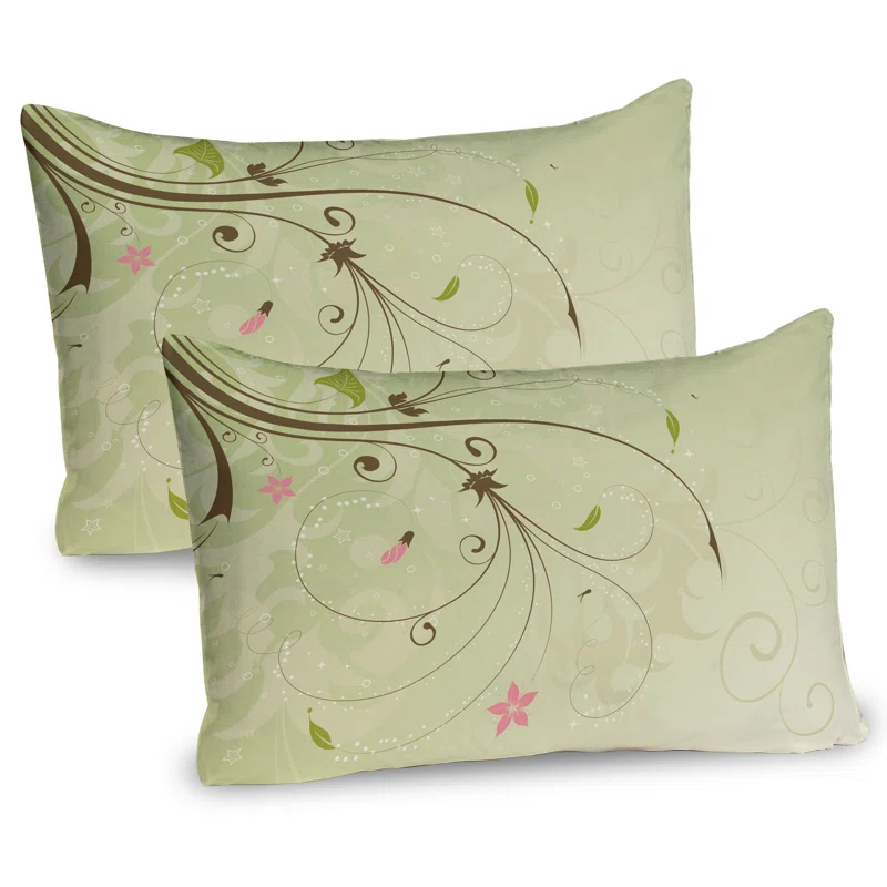 Ambesonne Green and Brown Pillow Sham 2 Pack Swirls Lines Petal Pale Green Brown Pink