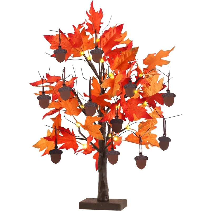 Fall Decorations For Home, 24”/2FT Lighted Fall Maple Leaves Tree With 24LT Warm White Leds For Autumn Decor, 12 Wood Acorns Ornaments Battery Powered Timer For Home Decor, Thanksgiving