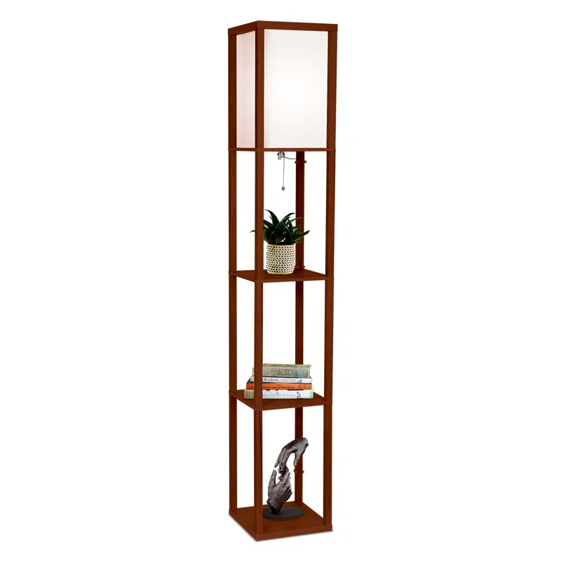 Brightech Maxwell 63" Modern LED Shelf Floor Lamp with Walnut Brown Finish, 3 Tiers, and Fabric Square Shade, Bulb Included