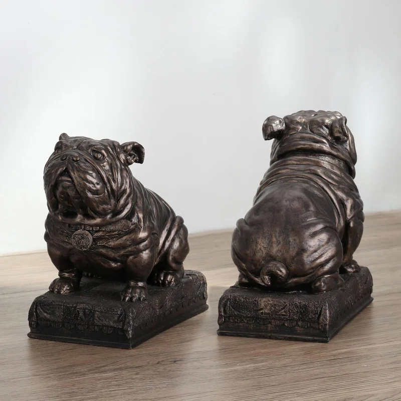 AMIPOR Inch British Bulldog Bookends Resin Sculpture Bookends Hand Painted Bronze Finish Desktop Organizer