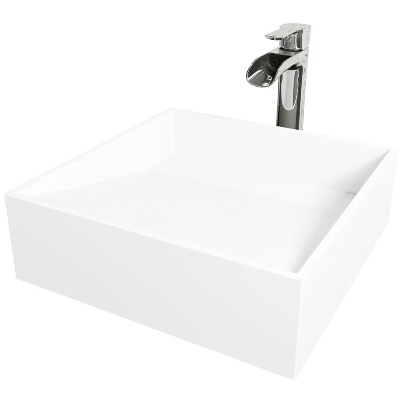 VIGO VGT2037 Starr 15" L x 15" W x 5" H Square White Matte Stone™ Vessel Bathroom Sink with 11" H Faucet