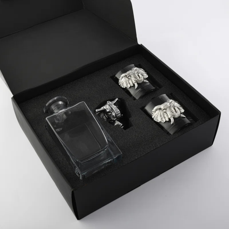 Arthur Court Designs Elephant Glass Whiskey Decanter with Pair of Double Old Fashion Glasses