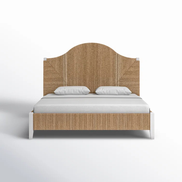 King Transitional Brown Pine Upholstered Panel Bed