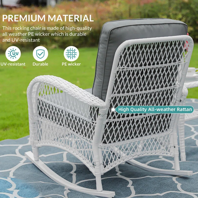 Beachcrest Home™ Beachcrest Home Outdoor Wicker Rocking Chairs Set Of 2, Rattan Patio Rocker Chairs With Thick Cushions And High Back, All-Weather Patio Wicker Chair With Safe Rocking Design For Garden, White Wicker