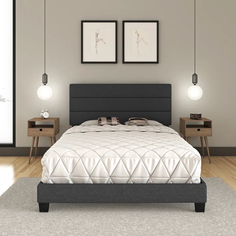 Boyd Sleep Ravenna Upholstered Linen Tri-Panel Channel Adjustable Height Headboard Platform Bed Frame