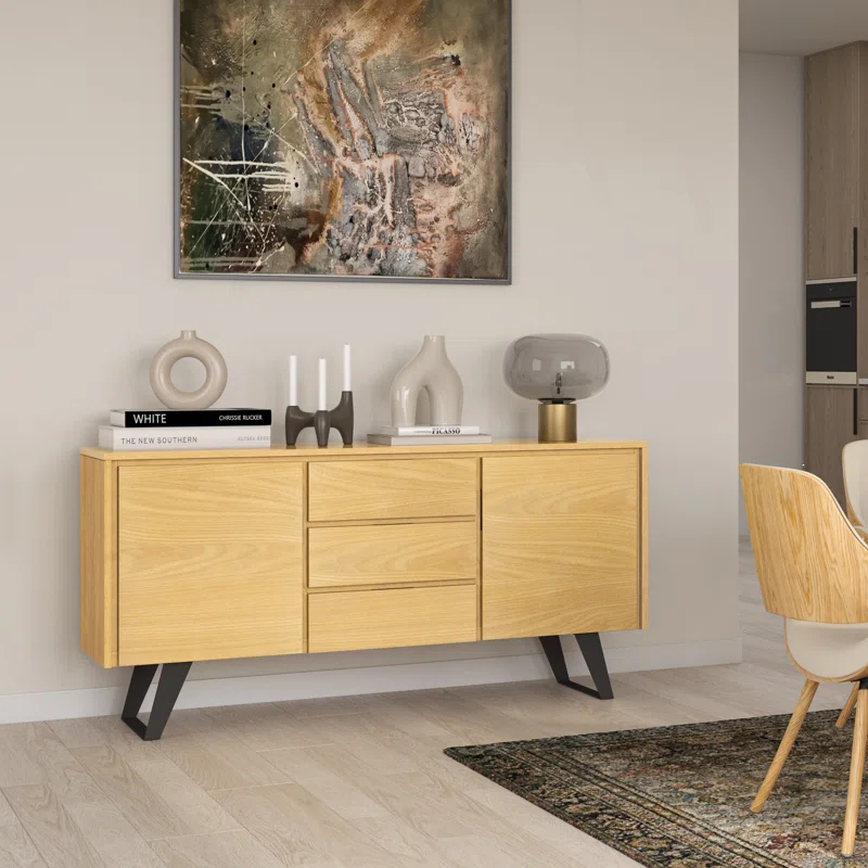 Simpli Home Lowry 60"W Solid Wood Modern Industrial 2-Door Sideboard Buffet with 3 Center Drawers