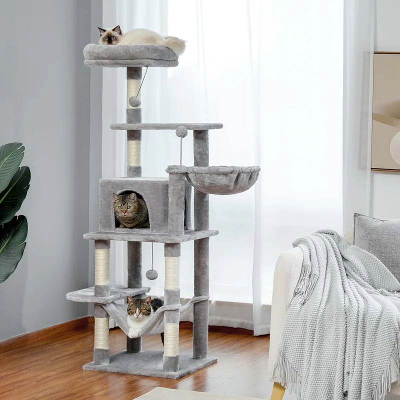 Multi-Level Cat Tree Tower With Cat Hammocks, Sisal Covered Scratching Post And Plush Top Perch