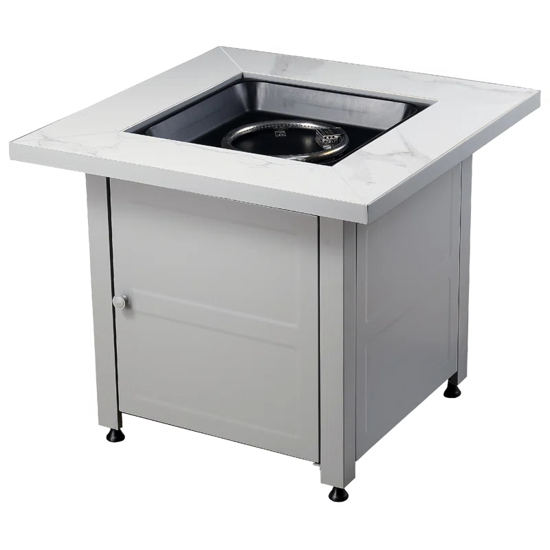 Mr. Bar-B-Q Endless Summer All Weather Outdoor Fire Pit Table with Faux Marble Finish, Black Glass