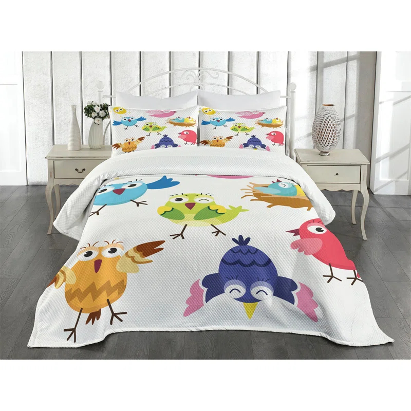 Ambesonne Ambesonne Bird Bedspread Set 3 Pcs Funny Birds Sun Cartoon Queen Multicolor