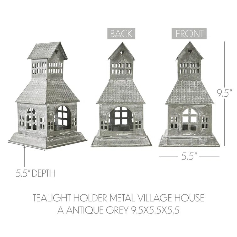 VHC Brands Festive Finds Tealight Holder Metal Village House A 9.5x5.5x5.5
