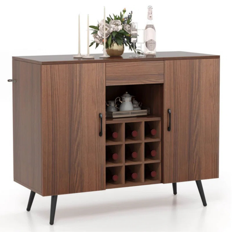 George Oliver Mid-Century Modern Buffet Sideboard Server Cabinet With 9-Bottle Wine Rack