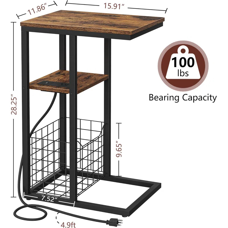 17 Stories C Shaped End Table With Charging Station, Side Table For Couch, Small Side End Table For Small Spaces, 28" High Slide Under Sofa Table For Coffee, Tv Tray Table For Living Room, Rustic Brown