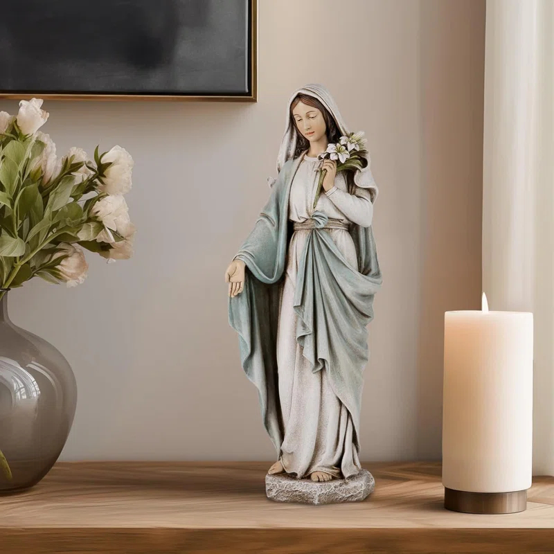 Darby Home Co Blessed Mother Mary Statue - 14 Inch Madonna Virgin Mary Statue Elegant Home Decor, Hand Painted Saint Mary Outdoor Garden Statue For Home Yard Patio Lawn Hallway Decor
