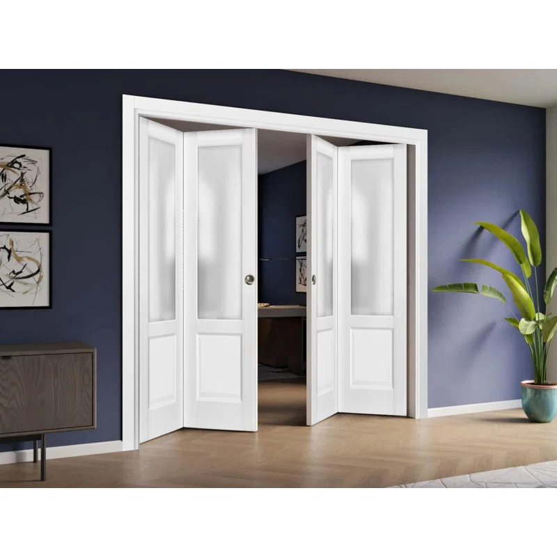SARTODOORS Sliding Closet Double Bi-Fold Doors | Lucia 22 With Frosted Glass | Sturdy Tracks Moldings Trims Hardware Set | Wood Solid Bedroom Wardrobe Doors