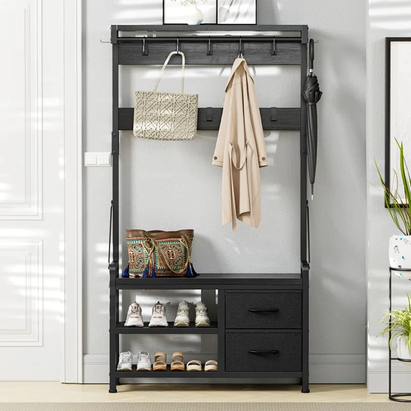 Hall Tree, 31” Entryway Bench with Coat Rack freestanding, 5 in 1 Intelligent Design Shoe Bench