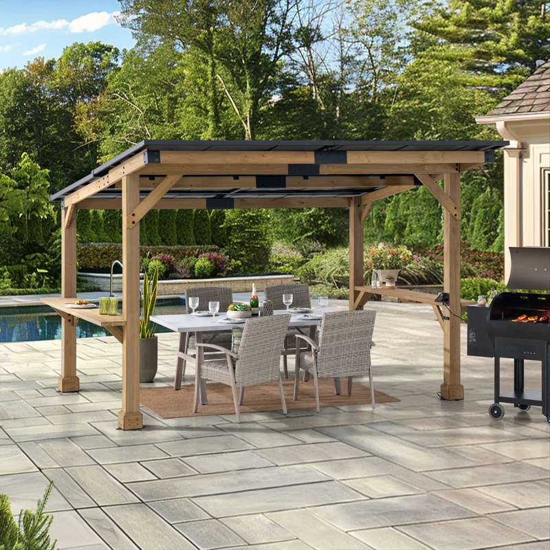 Sunjoy Wooden Grill Gazebo 10 ft. x 12 ft. Outdoor Cedar Frame BBQ Gazebo, Backyard Hot Tub Gazebo with Metal Hardtop Roof, Exclusive PowerPort and Bar Shelves