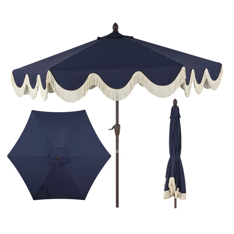 Arlmont & Co. Teretha 9 ft. Classic Cottage Tassel Market Patio Umbrella with Auto-Tilt, Crank, and UV Protection