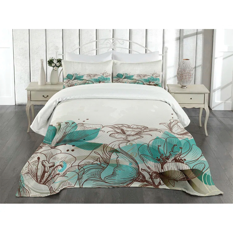 Ambesonne Ambesonne Turquoise Bedspread Retro Hibiscus