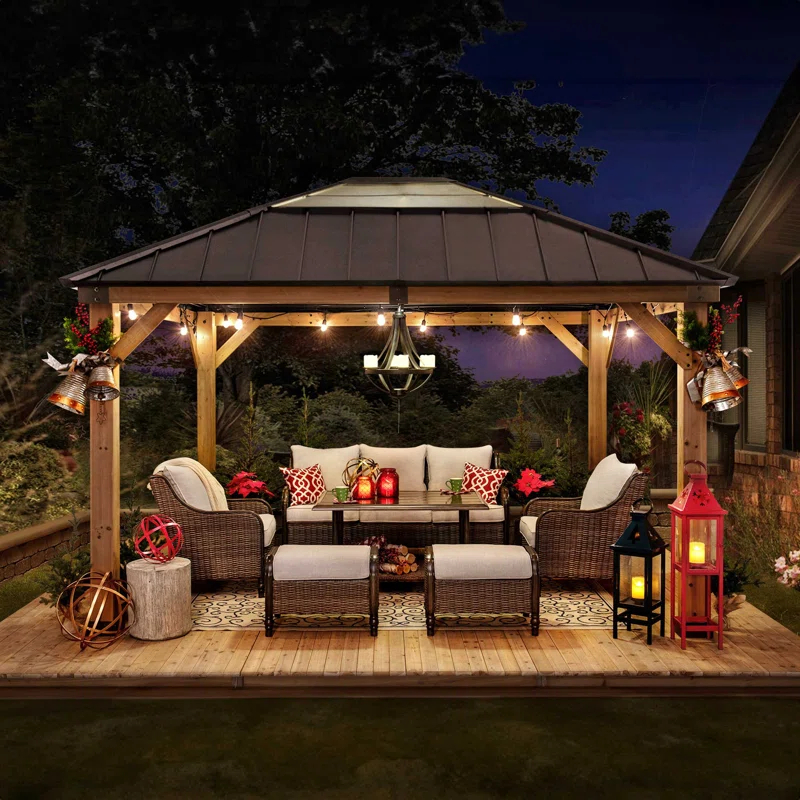 Sunjoy Sunjoy Hardtop Gazebo 11 x 13 ft. Upgrade Cedar Framed Wood Gazebos with Brown Steel and Polycarbonate Hip Roof Hardtop for Garden, Backyard Shade,