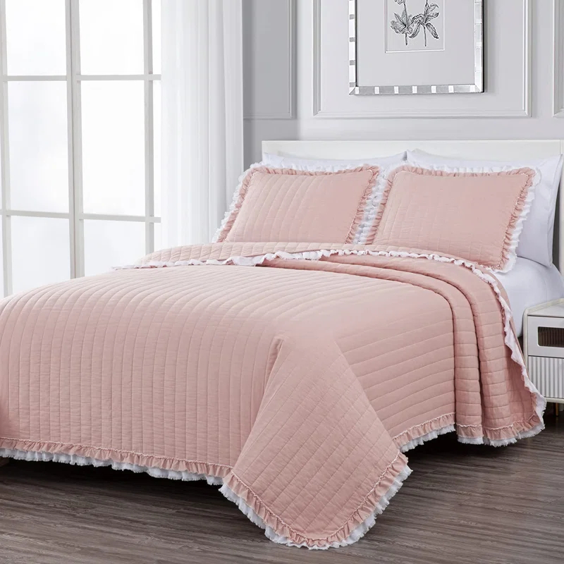 Chezmoi Collection Bonnie Double Frayed Ruffled Edge Cotton Quilt Set