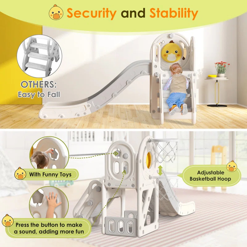 5 in 1 Toddler slide, Kids Slide with Climber Outdoor Indoor Slide Cute Duck Theme Playset