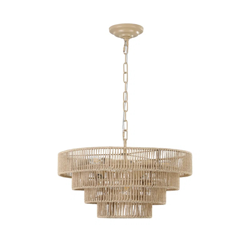 Rosecliff Heights Bohemian style Woven Pendant Light 19.7 Inch Rattan Ligh Large Rattan Pendant Light with 4-Tier Rattan Chandelier--Wood