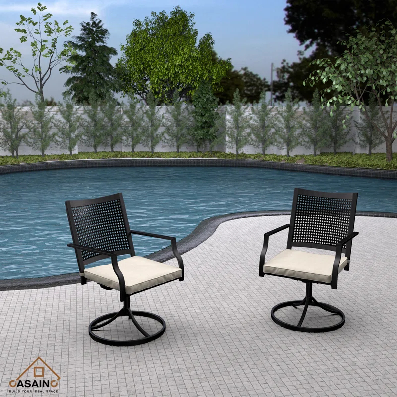 CASAINC Outdoor Iron Frame Swivel Dining Chair with Cushions (Set of 2)