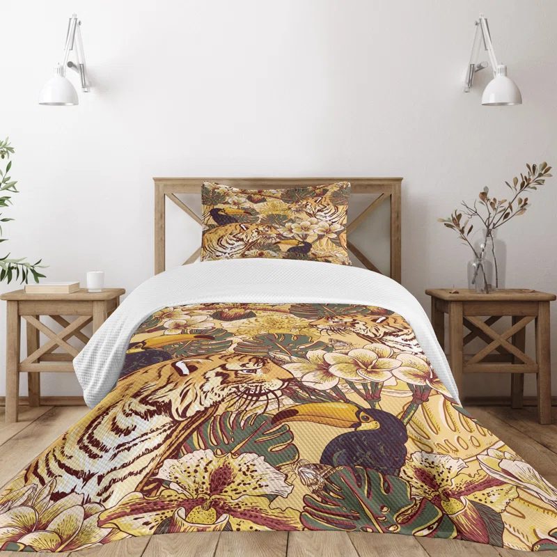 Ambesonne Ambesonne Tiger Bedspread Set Tropical Bengal Toucan Earth Yellow Dark Blue