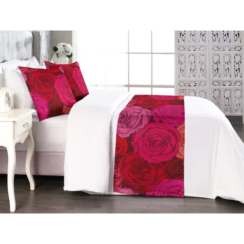 Ambesonne Ambesonne Rose Pattern Bed Runner Set Flowers Spring Boho Hot Pink Coral Maroon