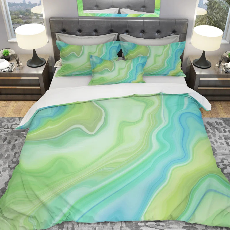 Design Art Marbled Colors in Shades of Green and Blue - Modern Abstract Duvet Cover Set - Microfiber Polyester