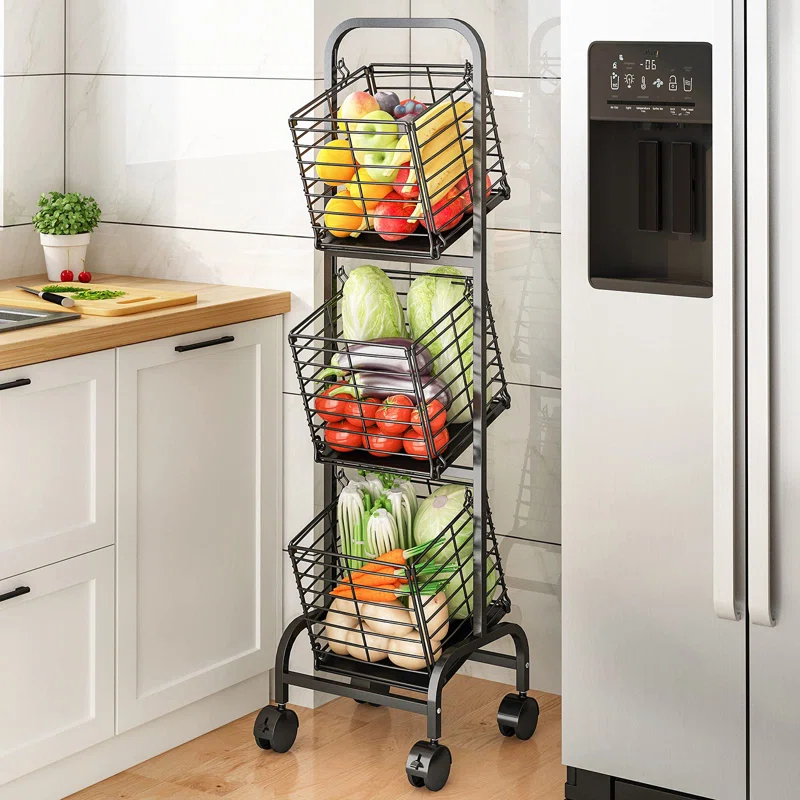 OUMIKEJI 3-Tier Fruit Basket Stand For Kitchen, Wire Market Basket Food Storage Stand With Wheels, Vegetable Produce Pantry Basket Organizer