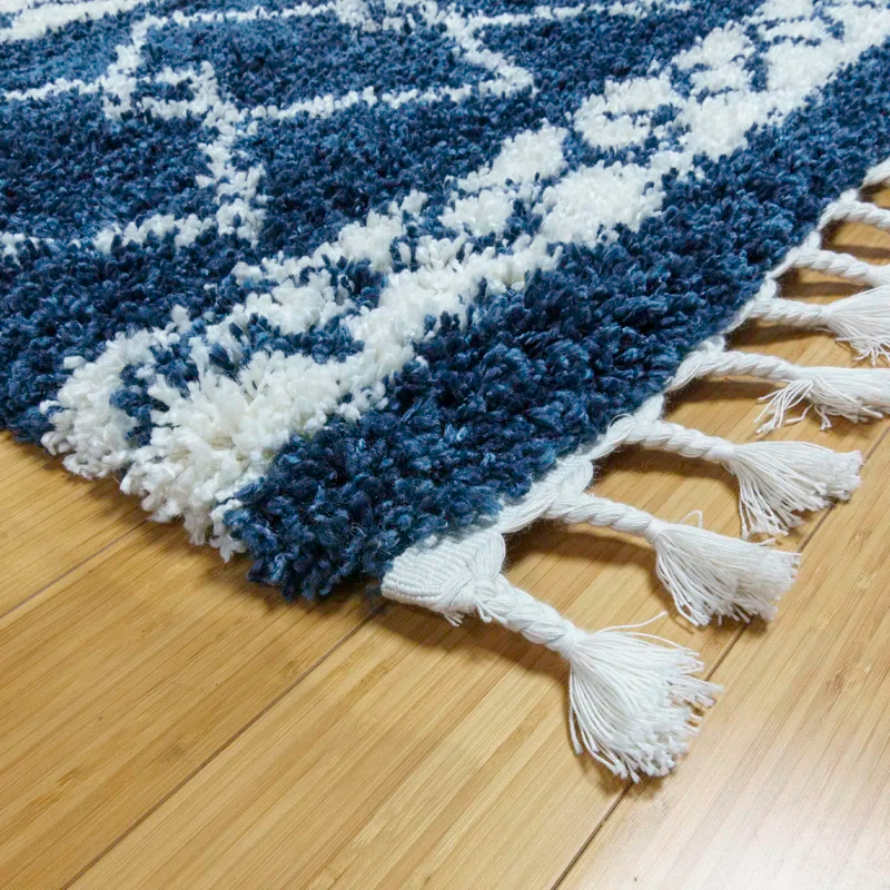 Limmet Clara Modern Moroccan Bohemian Navy Blue/Ivory Diamond Shag Area Rug