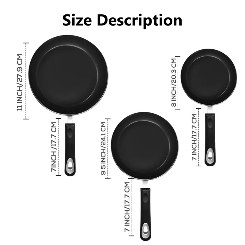 Obeten The Kitchen Nonstick Frying Pan Set - 3 Piece Induction Bottom - 8 Inches, 9.5 Inches and 11 Inches