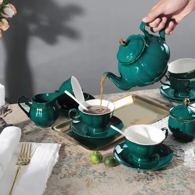 Rosdorf Park Malerba 21 Piece Vintage Porcelain Tea Set, Green With Gold Trim China Coffee Service For 6, Large Teapot, Tea Cup And Saucers Set, Christmas Gifts