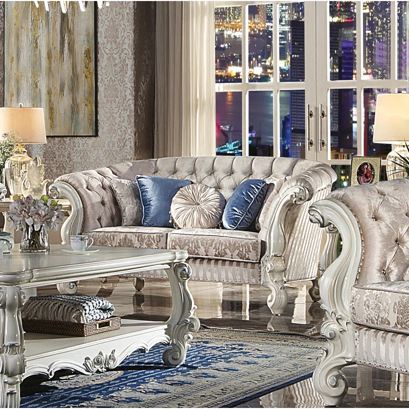 76" Versailles Sofa Ivory Fabric & Bone White Finish - Acme Furniture: Crescent, Nailhead Trim, Leather