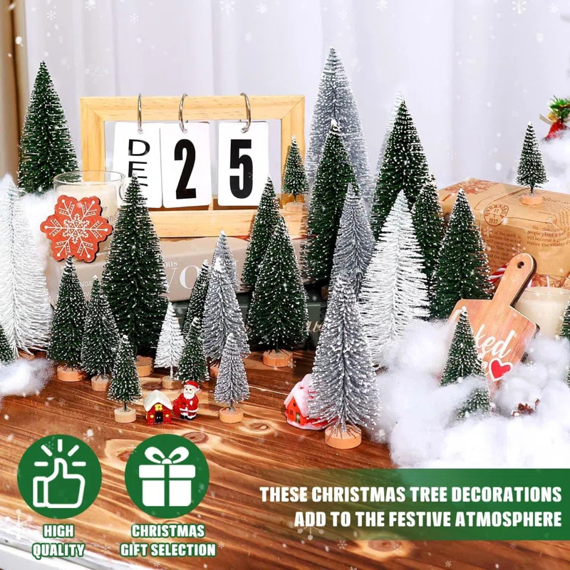 30Pcs Mini Christmas Trees Artificial Christmas Tree Bottle Brush Trees With Wooden Base For Christmas Decor Christmas Party Home Table Craft Decorations
