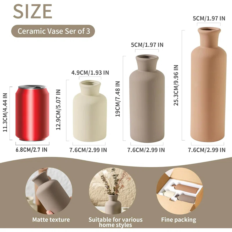 Lark Manor™ Set Of 3 Ceramic Vases, Modern Neutral Home Decor For Farmhouse, Rustic, Or Boho Style - Perfect For Fresh Or Dried Flowers, Table, Mantel, Shelf, Entryway, Living Room, Kitchen, Bathroom - Brown