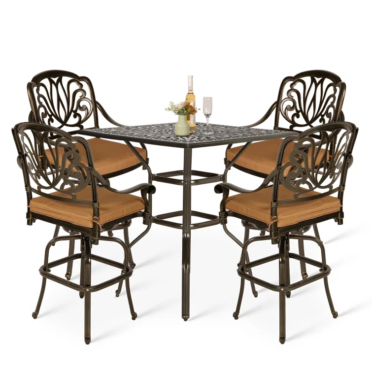 Bloomsbury Market Bloomsbury Market 5-piece Bar Height Patio Dining Set, All Weather Cast Aluminum Outdoor Table And Chairs Set With 4 Swivel Bar Stools, Cushions & 35.38" High Bar Table W/umbrella Hole For Deck, Lawn, Garden