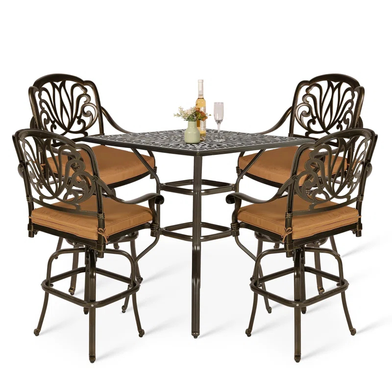 Bloomsbury Market Bloomsbury Market 5-piece Bar Height Patio Dining Set, All Weather Cast Aluminum Outdoor Table And Chairs Set With 4 Swivel Bar Stools, Cushions & 35.38" High Bar Table W/umbrella Hole For Deck, Lawn, Garden