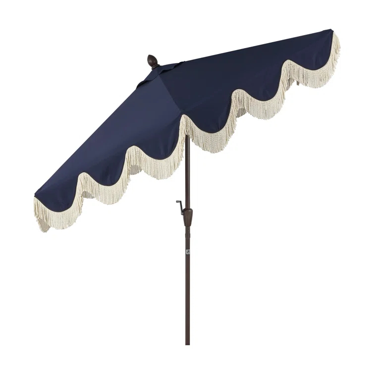 Arlmont & Co. Teretha 9 ft. Classic Cottage Tassel Market Patio Umbrella with Auto-Tilt, Crank, and UV Protection